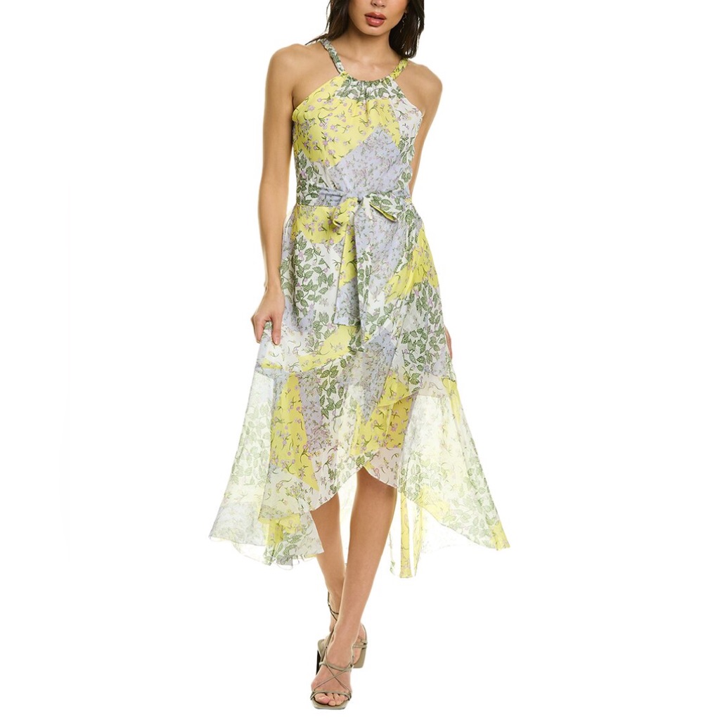 Elie Tahari Halter Patchwork Silk Midi Dress